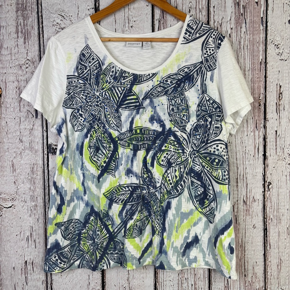 Zenergy by Chico’s‎ 3|XL Short Sleeve Shirt Floral Print Embellished Rhinestones